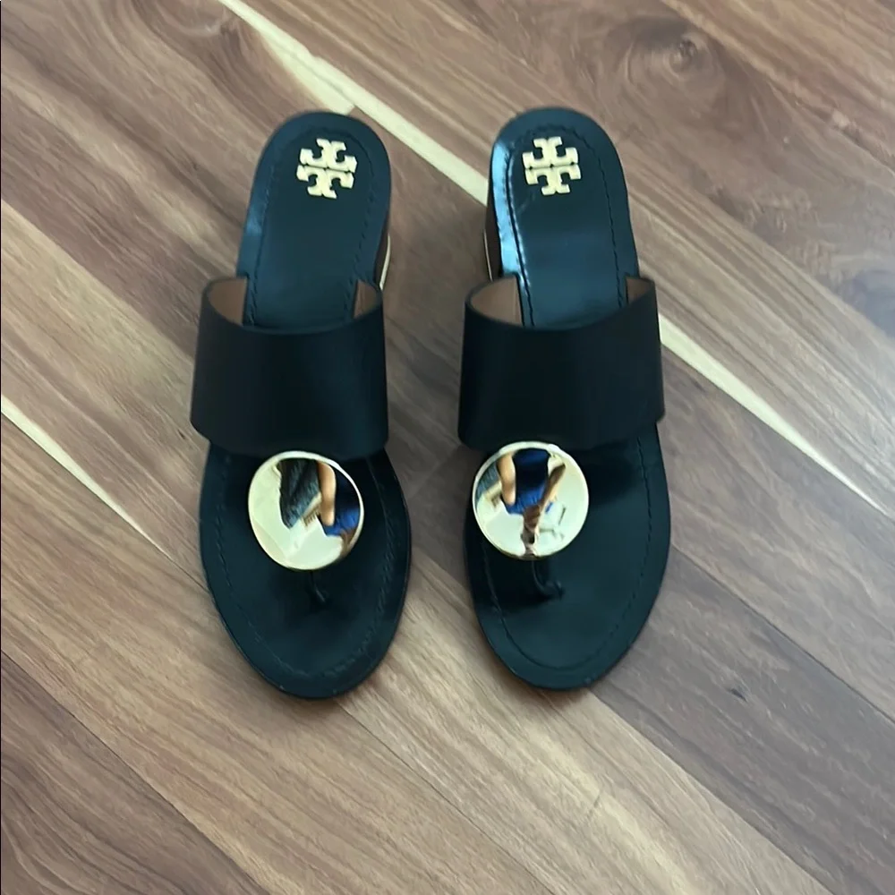 Tory Burch Black Sandals with Gold Accents - Picture 1 of 8